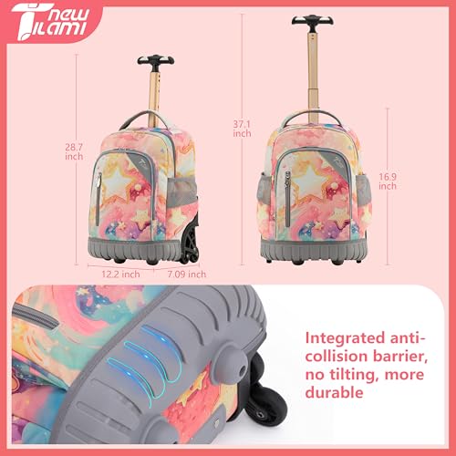 NEW TILAMI 16 Inch Rolling Backpack with Lunch Bag for Kids Adjustable Handle Carry-on Suitcase Wheels for Girls Boys School Travel Camping, Starry Rainbow