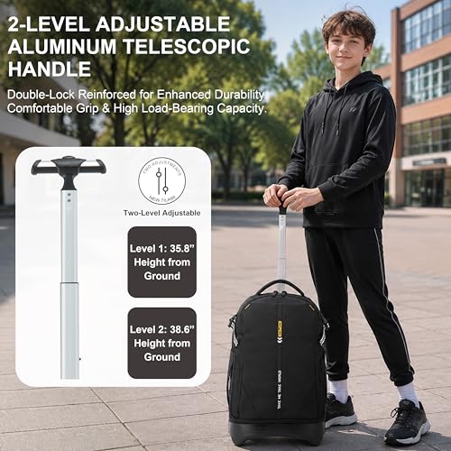 NEW TILAMI 18 Inch Expandable Rolling Backpack with 6-Wheel Stair Climbing, Waterproof Wheeled School Bag with 15.6" Laptop Sleeve for Boys Girls, Carry-on Luggage 98cm Dual-Height Handle - Black