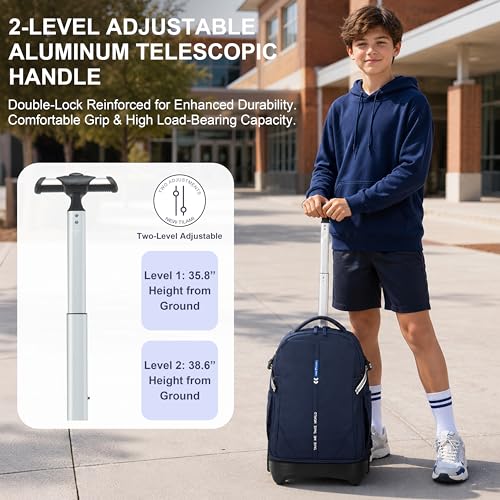 NEW TILAMI 18 Inch Expandable Rolling Backpack with 6-Wheel Stair Climbing, Waterproof Wheeled School Bag with 15.6" Laptop Sleeve for Boys Girls, Carry-on Luggage 98cm Dual-Height Handle - Navy Blue