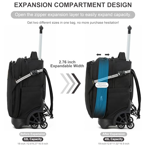 NEW TILAMI 18 Inch Expandable Rolling Backpack with 6-Wheel Stair Climbing, Waterproof Wheeled School Bag with 15.6" Laptop Sleeve for Boys Girls, Carry-on Luggage 98cm Dual-Height Handle - Black