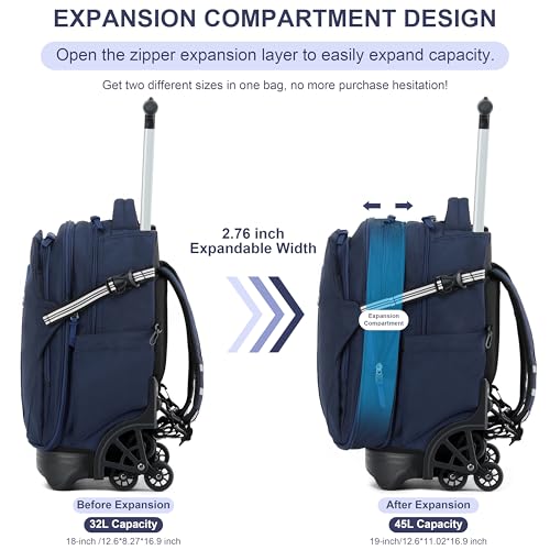 NEW TILAMI 18 Inch Expandable Rolling Backpack with 6-Wheel Stair Climbing, Waterproof Wheeled School Bag with 15.6" Laptop Sleeve for Boys Girls, Carry-on Luggage 98cm Dual-Height Handle - Navy Blue