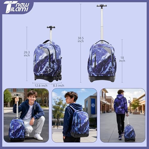 NEW TILAMI 18 inch Rolling Backpack Boys for School – Durable, Waterproof, Adjustable Handle, Stair Climbing, Variety of Colors & Patterns, Lightning Purple