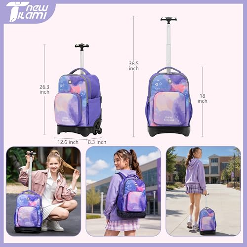 NEW TILAMI 18 inch Rolling Backpack Boys & Girls for School – Durable, Waterproof, Adjustable Handle, Ideal for Travel & Daily Use, Purple Sky