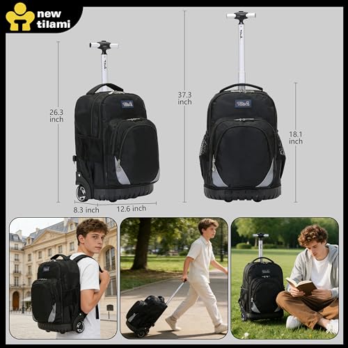 NEW TILAMI 18 Inch Rolling Backpack for Kids, Boys Wheeled Laptop Rolling Backpack for Girls Travel School Student Trip Using, Black