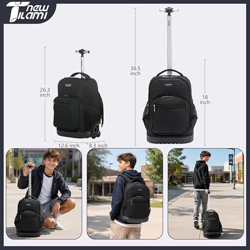 NEW TILAMI 18 inch Rolling Backpack for Kids - Waterproof, Stair-Climbing, Durable, Personalized Design for School, Travel, Black