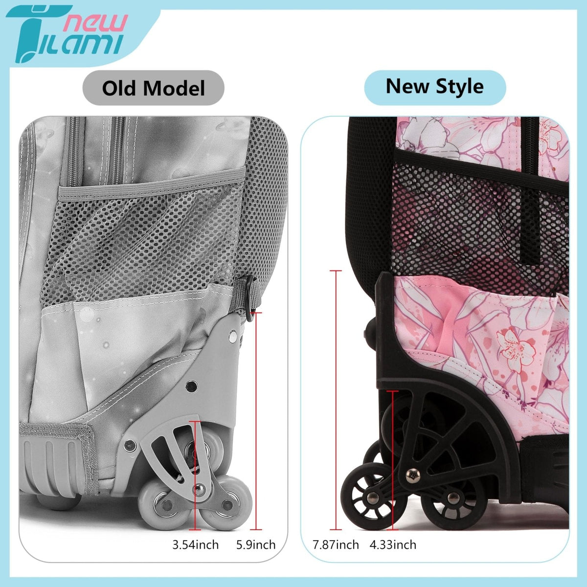 NEW TILAMI 18 Inch Rolling Backpack with Wheels for Girls Boys Kids Laptop Backpack School Travel, Pink Flowers