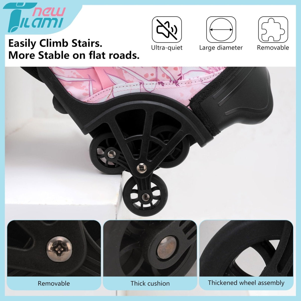 NEW TILAMI 18 Inch Rolling Backpack with Wheels for Girls Boys Kids Laptop Backpack School Travel, Pink Flowers