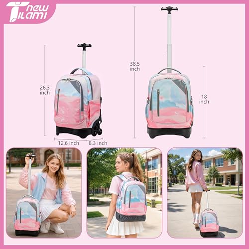 NEW TILAMI 18 Inch Rolling Backpack with Wheels for Girls Boys Kids Laptop Backpack School Travel, Pink Sunset