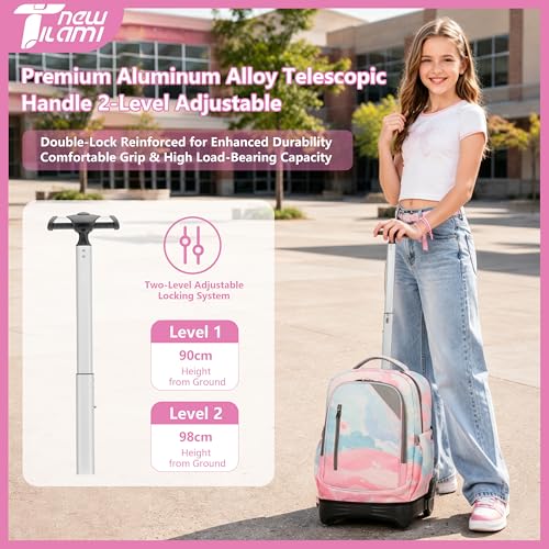 NEW TILAMI 18 Inch Rolling Backpack with Wheels for Girls Boys Kids Laptop Backpack School Travel, Pink Sunset