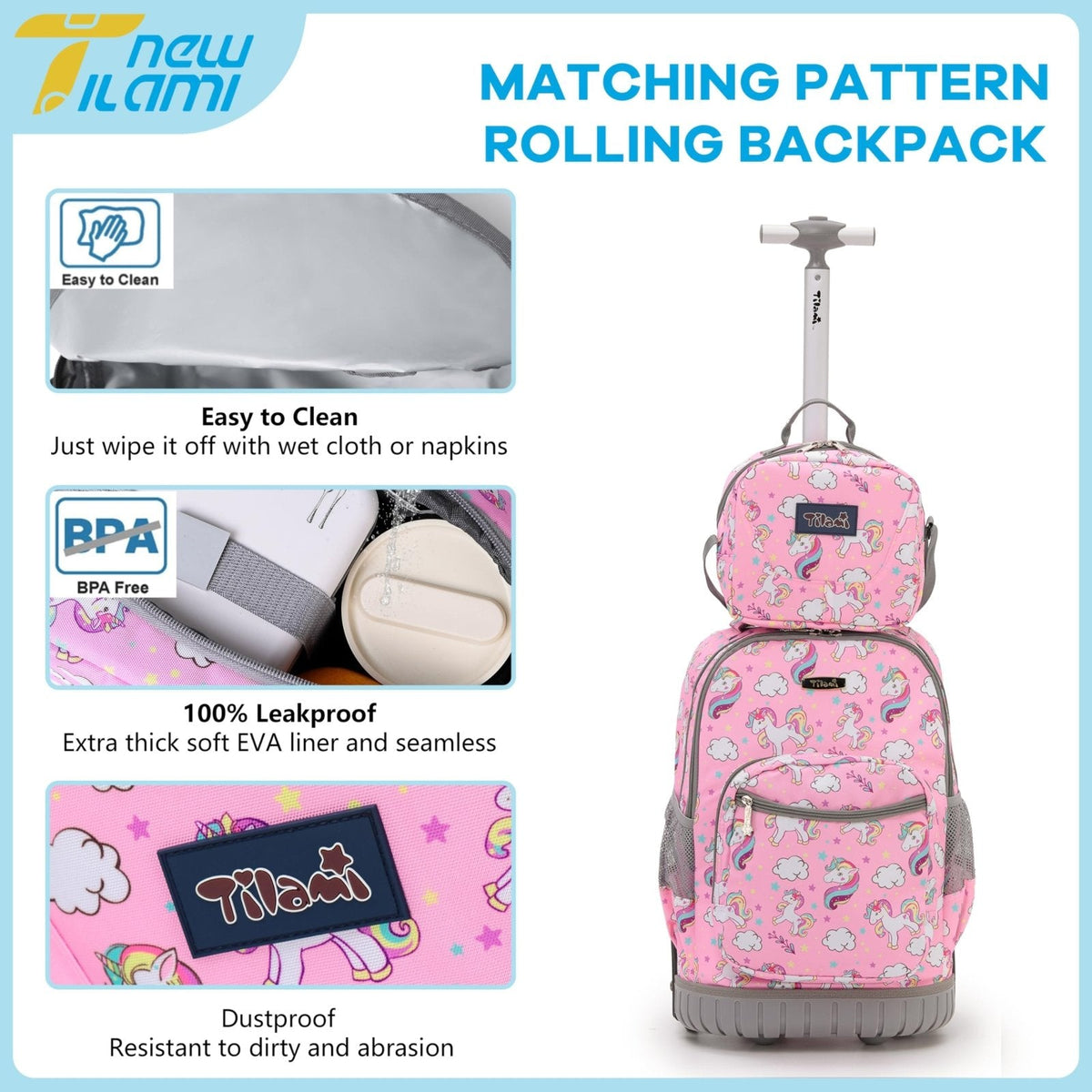NEW TILAMI 18" Kids Rolling Backpack for School - Waterproof, Durable, Stair - Climbing, Variety of Colors Patterns for Girls & Boys, Cute Pink Unicorn