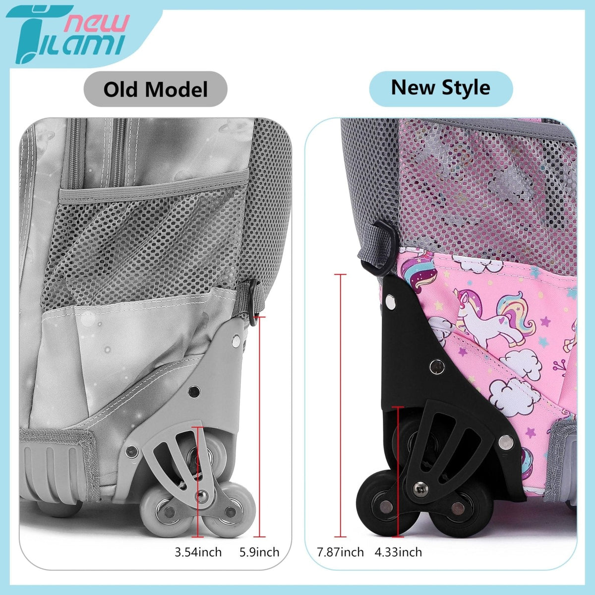 NEW TILAMI 18" Kids Rolling Backpack for School - Waterproof, Durable, Stair - Climbing, Variety of Colors Patterns for Girls & Boys, Cute Pink Unicorn