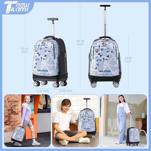 NEW TILAMI 19 Inch Rolling Backpack 360°rotating Universal Wheel, Large Organizer Compartments, Adjustable Handle, Carry on for School Students Business Travel, Ice-blue Rhombus Shadows