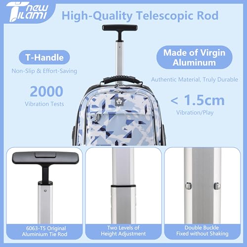 NEW TILAMI 19 Inch Rolling Backpack 360°rotating Universal Wheel, Large Organizer Compartments, Adjustable Handle, Carry on for School Students Business Travel, Ice-blue Rhombus Shadows