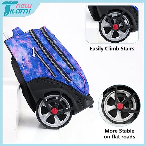 NEW TILAMI 19 inch Rolling Backpack Teens Rolling Backpack Cute Wheeled Laptop Backpack Bookbag Roller Travel Bag College, Star Violet