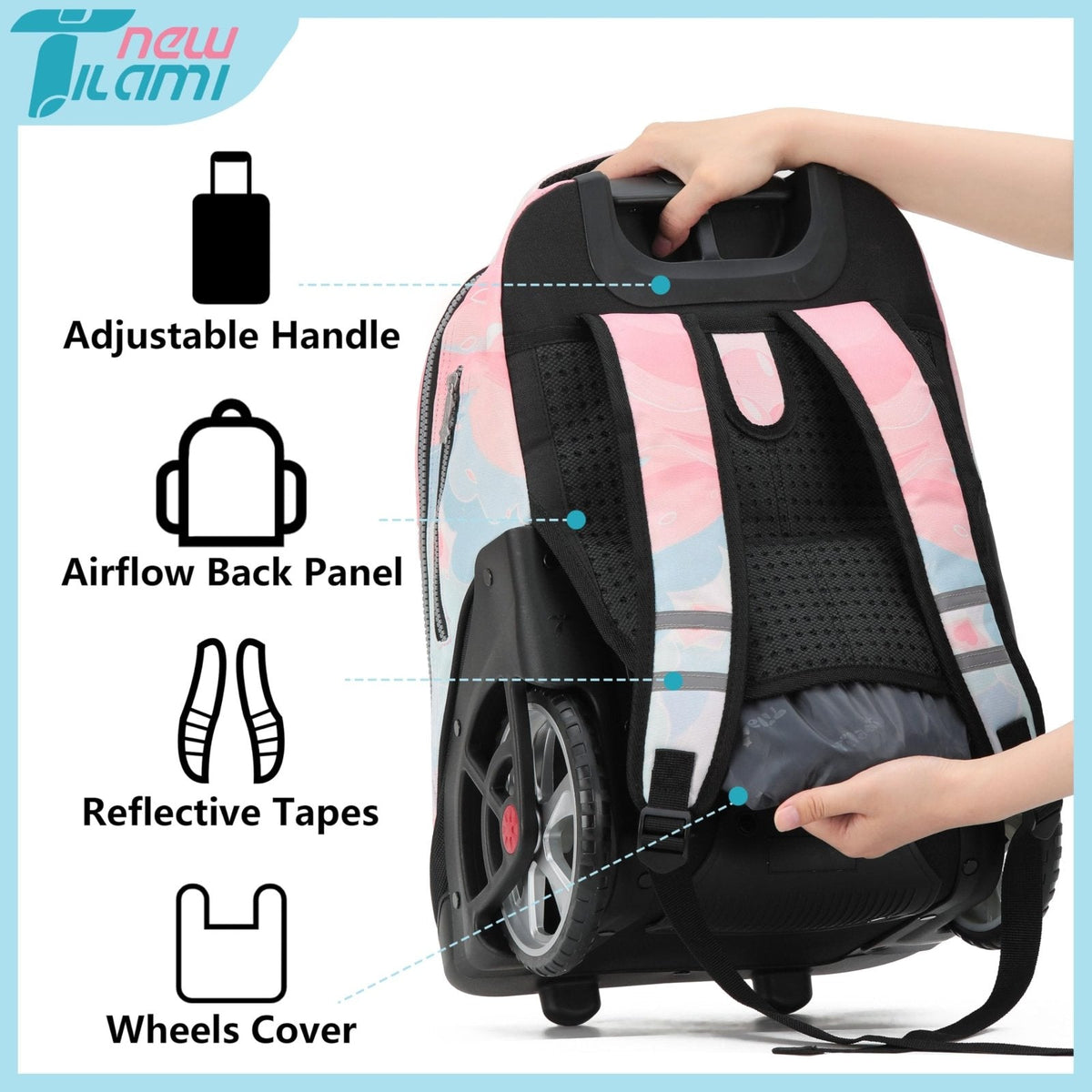 NEW TILAMI 19 inch Rolling Backpack Teens Rolling Backpack Cute Wheeled Laptop Backpack Bookbag Roller Travel Bag College,Pink