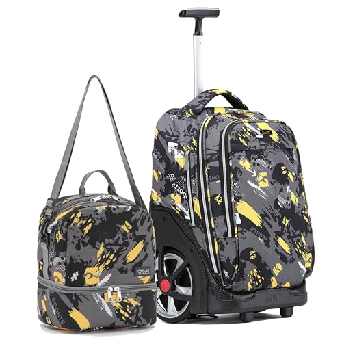 NEW TILAMI 19 Inch Rolling Backpack with Lunch Bag for Girls Boys Wheeled Laptop Backpack Durable Carry-on Bag School Travel, Doodle Yellow