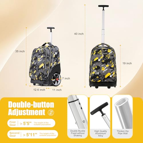 NEW TILAMI 19 Inch Rolling Backpack with Lunch Bag for Girls Boys Wheeled Laptop Backpack Durable Carry-on Bag School Travel, Doodle Yellow