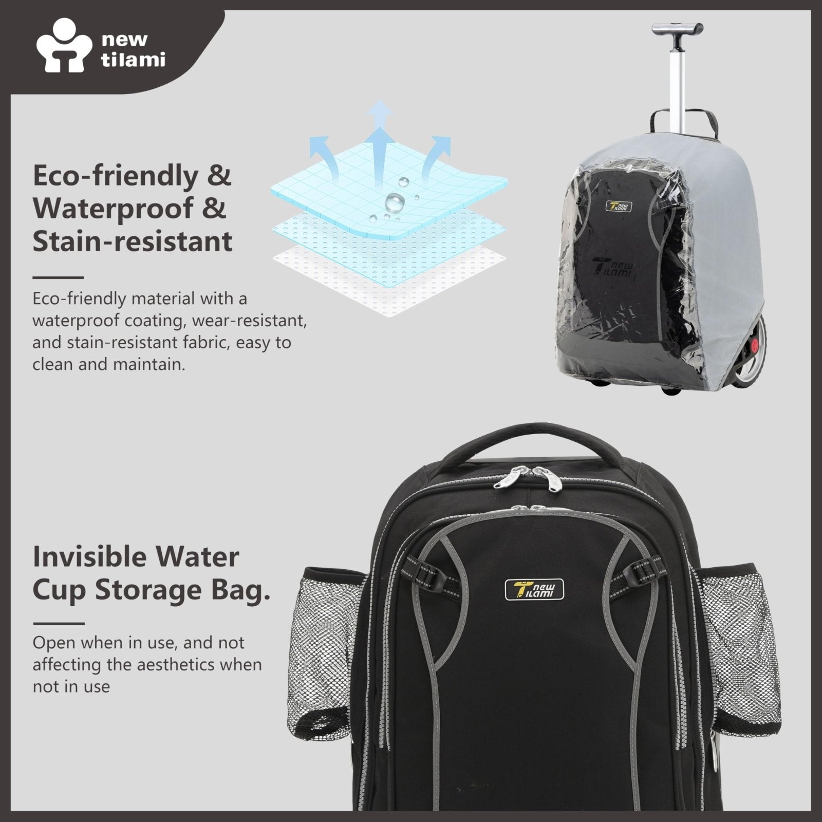 NEW TILAMI 20" Rolling Backpack for Teens Adults, Climbing Stairs Waterproof Backpack with Wheels for School Business Trave Camping with Laptop Compartment, Fit 17 Inch Laptop, Black