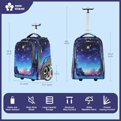 NEW TILAMI 20" Rolling Backpack for Teens Adults, Climbing Stairs Waterproof Backpack with Wheels for School Business Trave Camping with Laptop Compartment, Fit 17 Inch Laptop, Spacey Blue