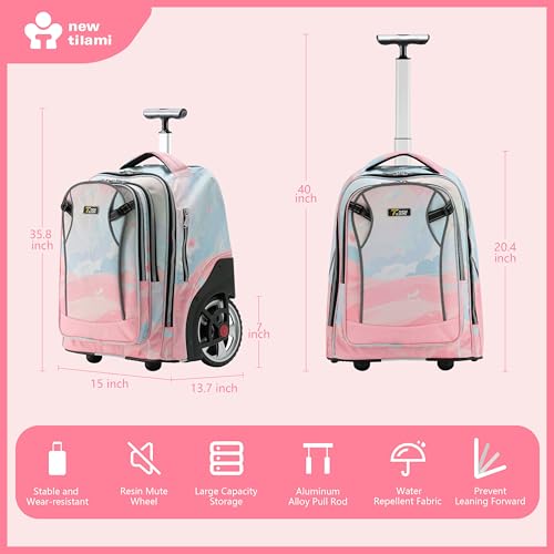 NEW TILAMI 20" Rolling Backpack for Teens Adults, Climbing Stairs Waterproof Backpack with Wheels for School Business Trave Camping with Laptop Compartment, Fit 17 Inch Laptop, Pink Dawn