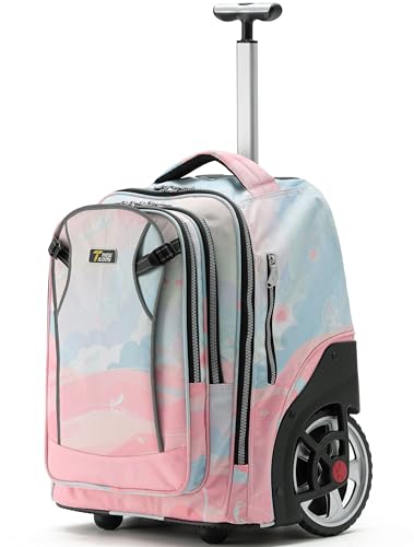 NEW TILAMI 20" Rolling Backpack for Teens Adults, Climbing Stairs Waterproof Backpack with Wheels for School Business Trave Camping with Laptop Compartment, Fit 17 Inch Laptop, Pink Dawn