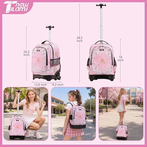 NEW TILAMI Girls & Boys Rolling Backpack - Moisture-Wicking, Adjustable Handle, Large Capacity, Perfect for School & Travel, Pink Flowers