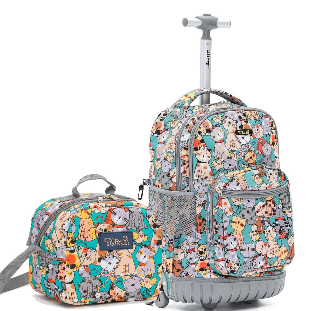 NEW TILAMI Kids 18 inch Rolling Backpack - Durable Waterproof Large Capacity Adjustable Handle Stair Climbing Design for Boys & Girls, Cats Cute