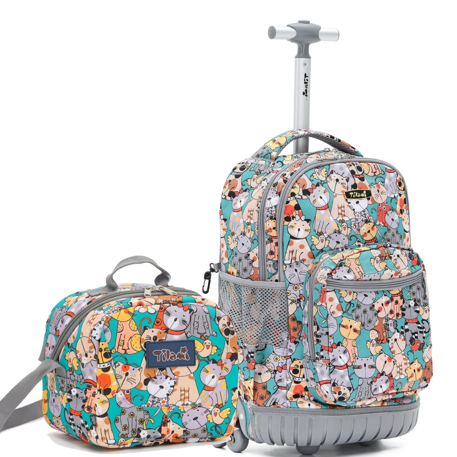 NEW TILAMI Kids 18 inch Rolling Backpack - Durable Waterproof Large Capacity Adjustable Handle Stair Climbing Design for Boys & Girls, Cats Cute