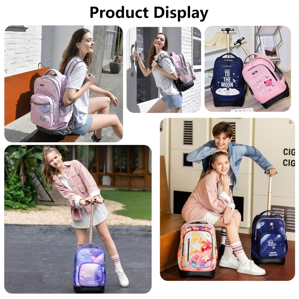 NEW TILAMI Kids 18 inch Rolling Backpack - Durable Waterproof Large Capacity Adjustable Handle Stair Climbing Design for Boys & Girls, Cats Cute