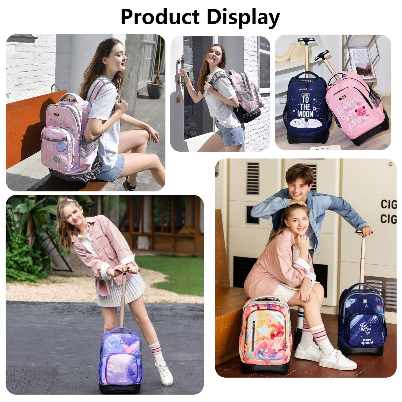 NEW TILAMI Kids 18 inch Rolling Backpack - Durable Waterproof Large Capacity Adjustable Handle Stair Climbing Design for Boys & Girls, Cats Cute