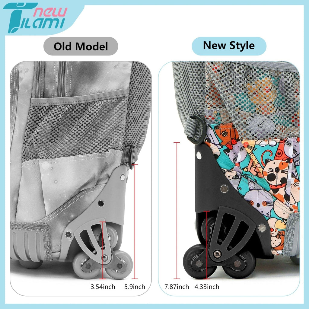 NEW TILAMI Kids 18 inch Rolling Backpack - Durable Waterproof Large Capacity Adjustable Handle Stair Climbing Design for Boys & Girls, Cats Cute