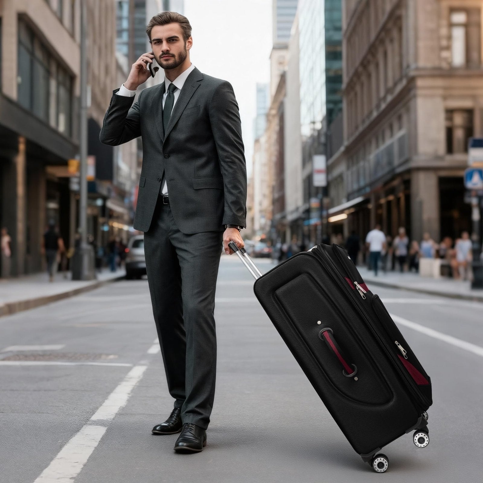 New York XPress 32'' Large Softside Suitcase,Expandable 15% Luggage,with Double Spinner Wheels and LOCK,Lightweight Travel Suitcase for Men/Women（Black - Burgundy,32in）