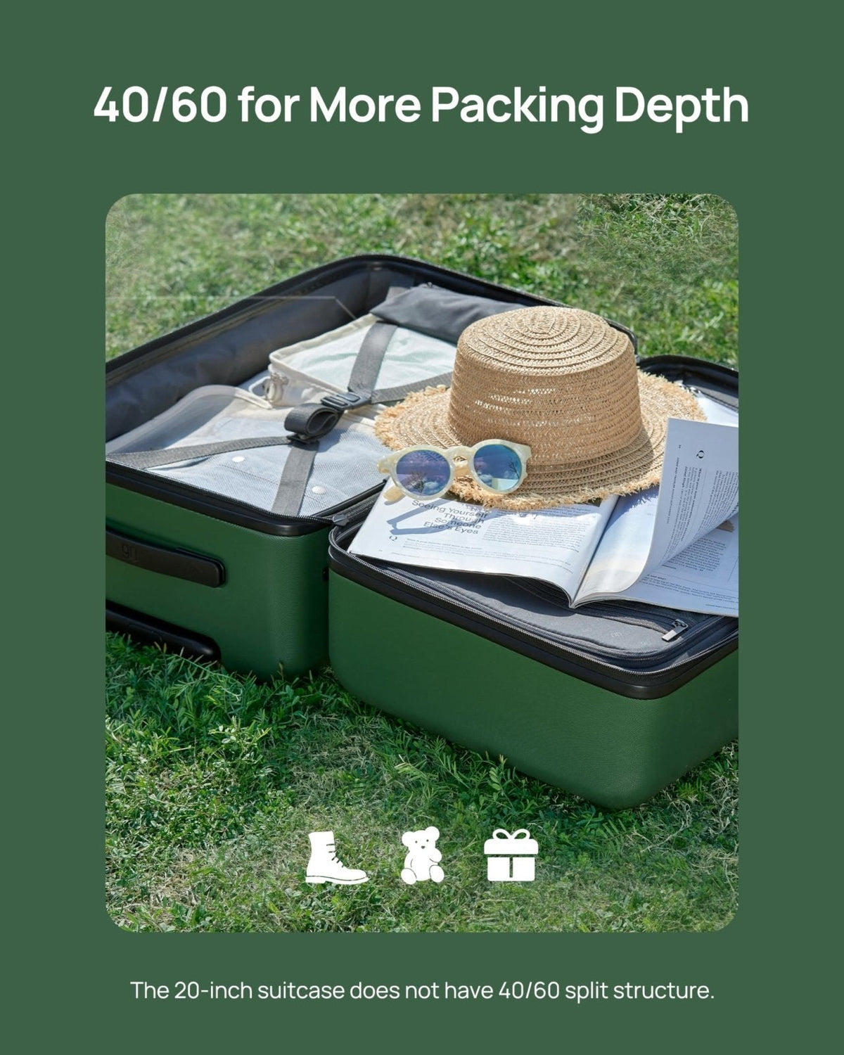 NINETYGO Carry On Suitcase, 20 Inch Carry - On Luggage with Double Spinner Wheels, Anti - Burst Zipper, Hard Case PC Suitcase Carry On, Lightweight Travel Luggage, TSA Approved (Seaweed Green, Hudson)