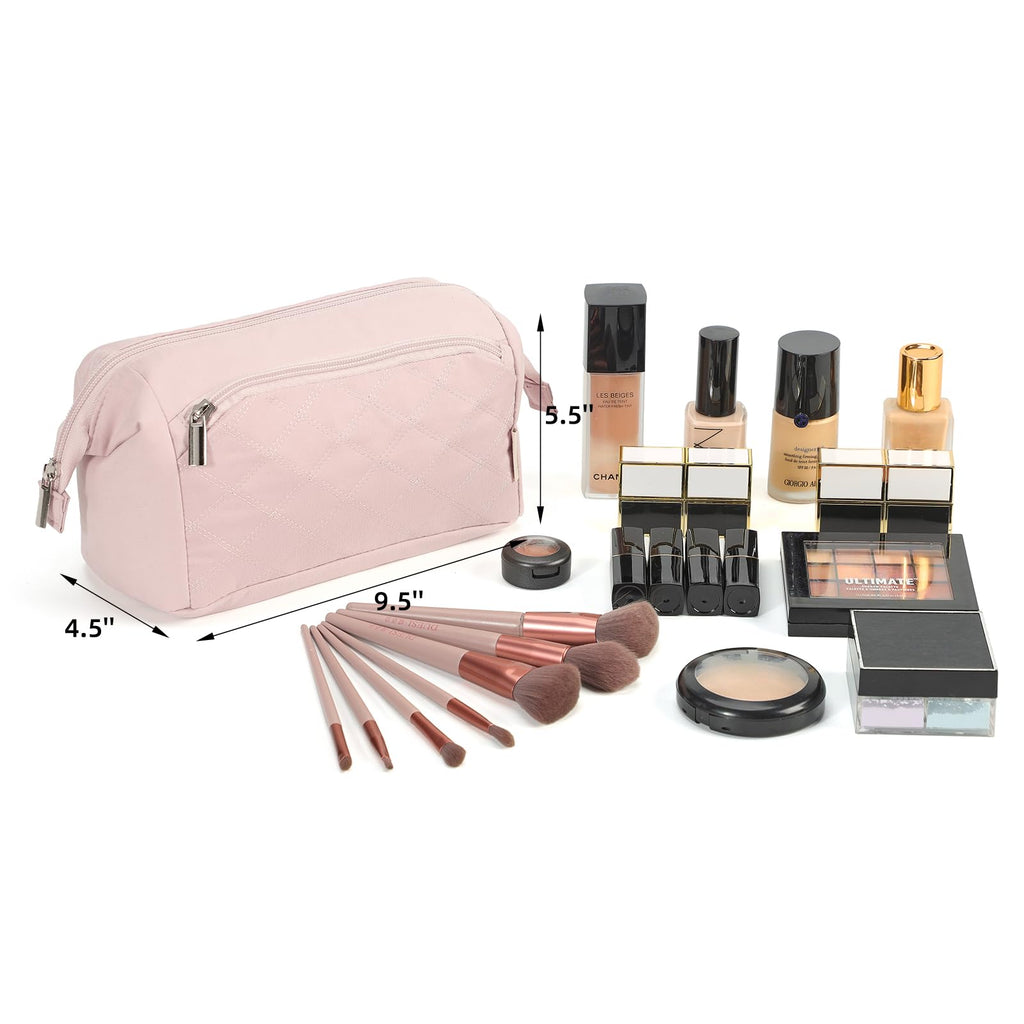 NISHEL Travel Makeup Bag for Women with Front Pockets, Large Wide - open Case, Portable Organizer To Hold Travel - Size Accessory Bottles, Cosmetics, Brushes, Skincare Products, Pink