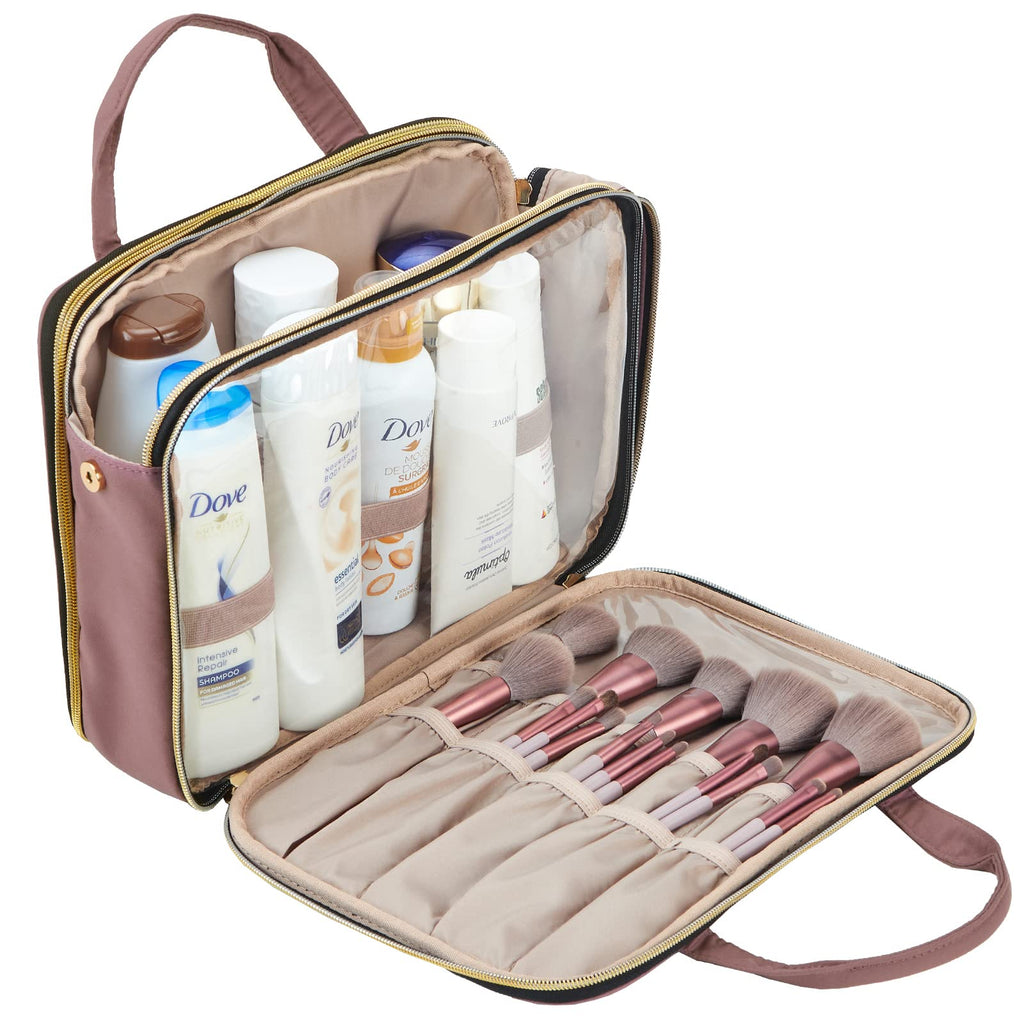 NISHEL Travel Makeup Bag Stand Up, Portable Cosmetic Organizer, Cosmetic Case for Travel - Size Toiletries, Rosewood - Pink