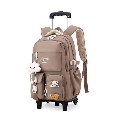 NIWEIYA Kids Rolling Backpack for Girls Boys, Elementary & Middle School Bags with Wheels, Boys Roller Backpack Kids Bookbag with 2 Wheels, Khaki