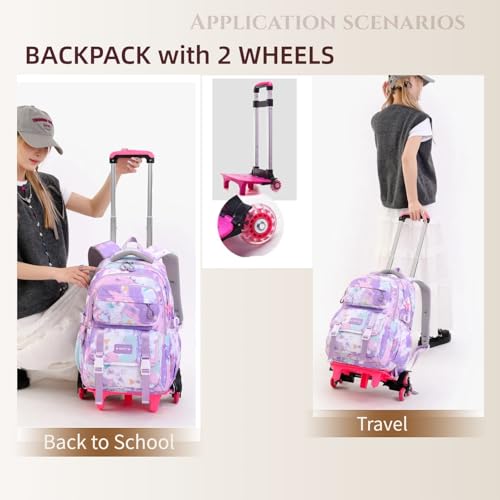 NIWEIYA Kids Rolling Backpack for Girls School Backpack with Wheels for Girls Wheeled Bookbags Roller Trolley Bags for Primary Students, 2-Wheel Purple