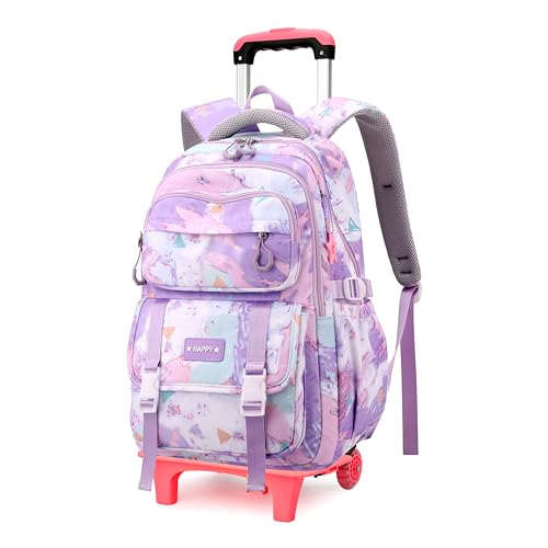 NIWEIYA Kids Rolling Backpack for Girls School Backpack with Wheels for Girls Wheeled Bookbags Roller Trolley Bags for Primary Students, 2-Wheel Purple