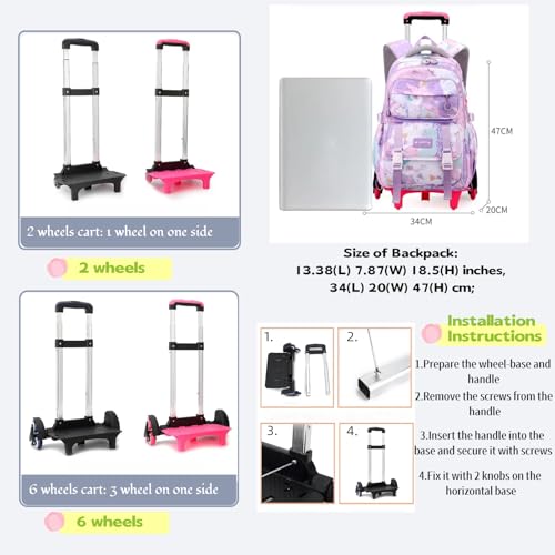 NIWEIYA Kids Rolling Backpack for Girls School Backpack with Wheels for Girls Wheeled Bookbags Roller Trolley Bags for Primary Students, 2-Wheel Purple