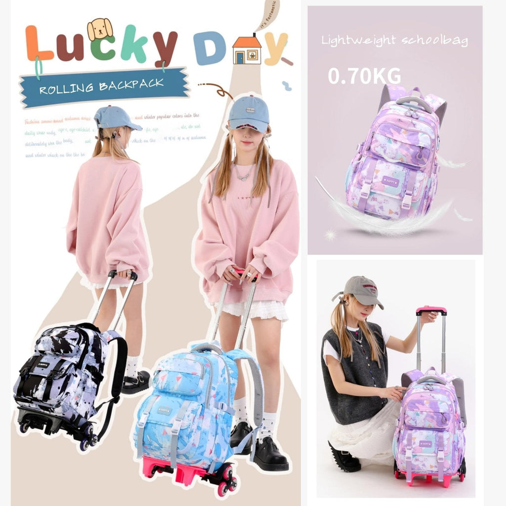 NIWEIYA Kids Rolling Backpack for Girls School Backpack with Wheels for Girls Wheeled Bookbags Roller Trolley Bags for Primary Students, 6 - Wheel Purple