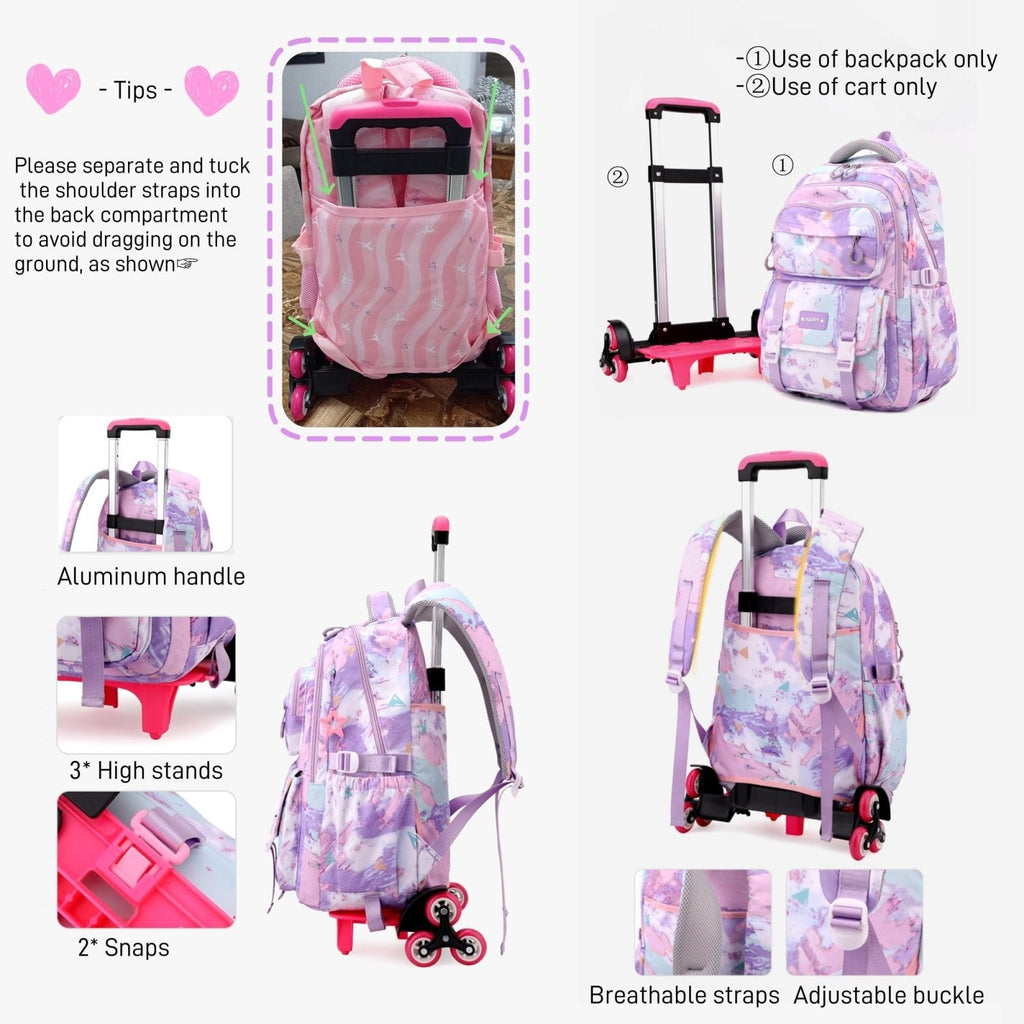 NIWEIYA Kids Rolling Backpack for Girls School Backpack with Wheels for Girls Wheeled Bookbags Roller Trolley Bags for Primary Students, 6 - Wheel Purple