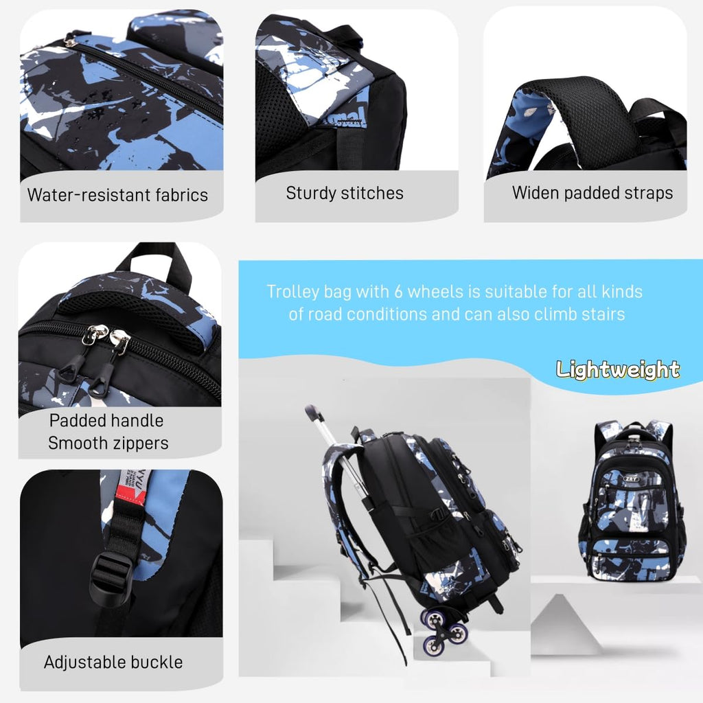 NIWEIYA Rolling Backpack for Boys School Backpack with Wheels for Boys Wheeled Bookbags Trolley School Bags for Teens Girls, 6 Wheels