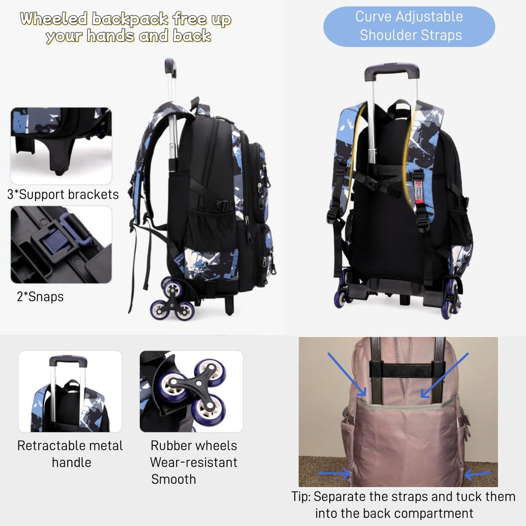 NIWEIYA Rolling Backpack for Boys School Backpack with Wheels for Boys Wheeled Bookbags Trolley School Bags for Teens Girls, 6 Wheels