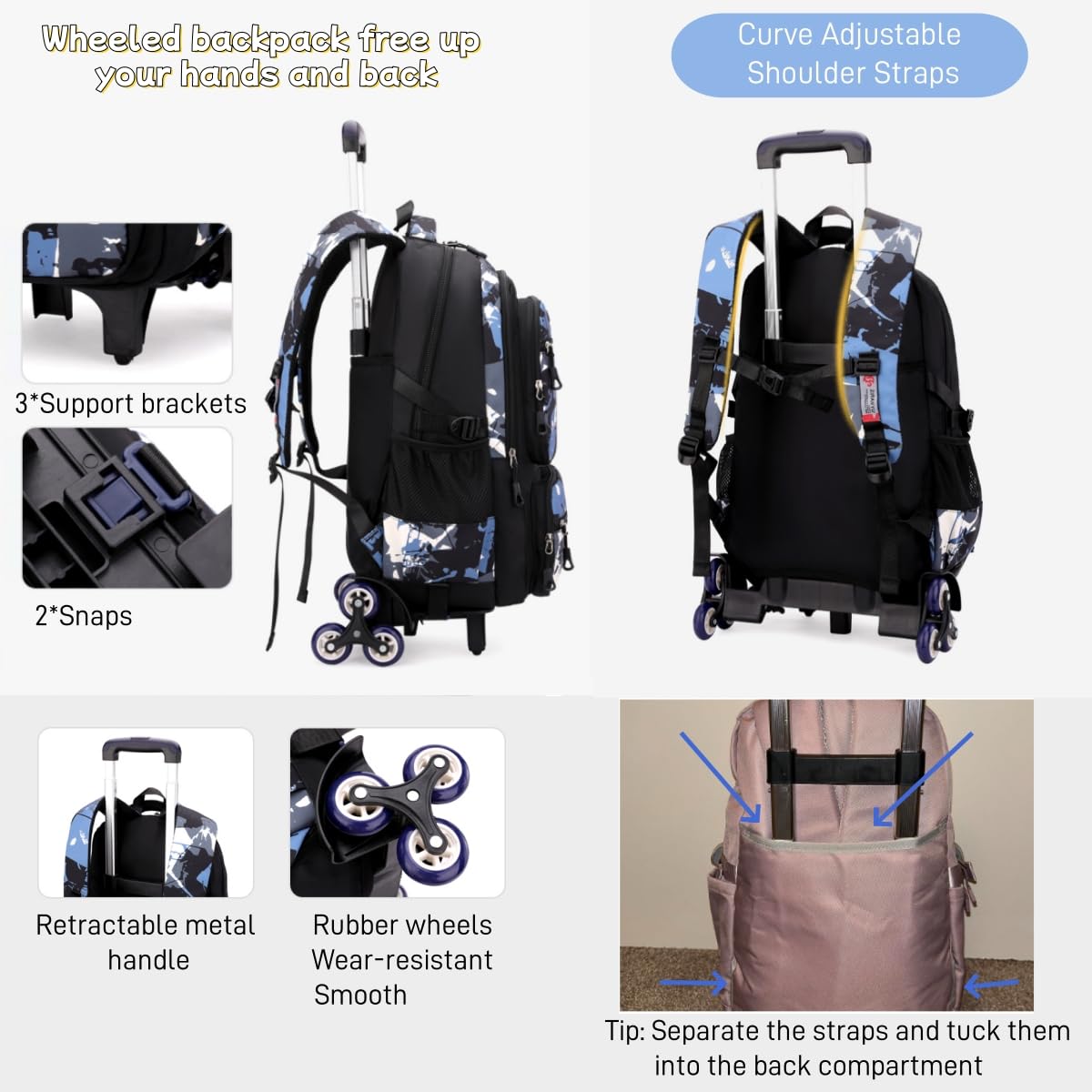 NIWEIYA Rolling Backpack for Boys School Backpack with Wheels for Boys Wheeled Bookbags Trolley School Bags for Teens Girls, 6 Wheels