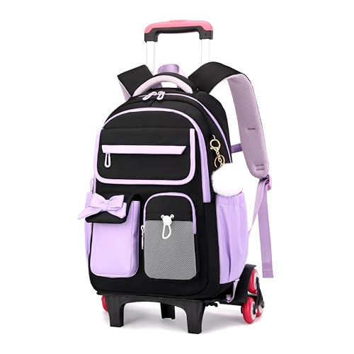 NIWEIYA Rolling Backpack for Girls Kids Trolley Rolling School Bag Wheeled Backpack for Elementary School Roller Bookbags on 6 Wheels, Black Purple