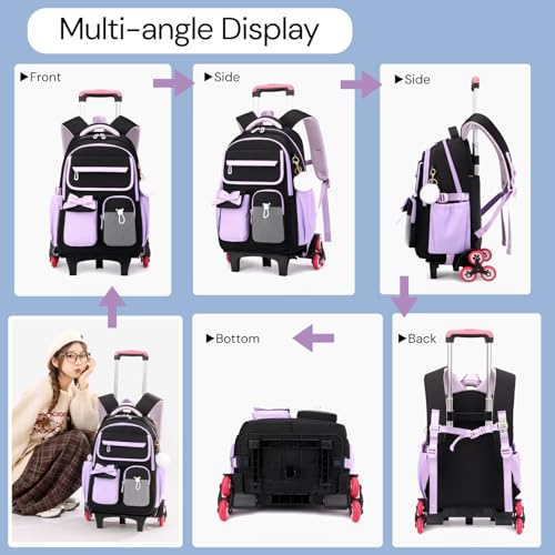 NIWEIYA Rolling Backpack for Girls Kids Trolley Rolling School Bag Wheeled Backpack for Elementary School Roller Bookbags on 6 Wheels, Black Purple