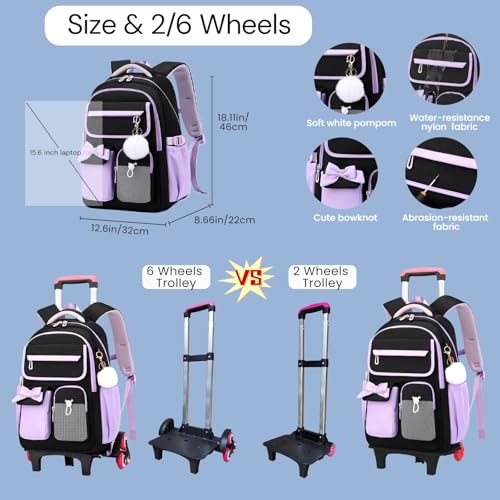 NIWEIYA Rolling Backpack for Girls Kids Trolley Rolling School Bag Wheeled Backpack for Elementary School Roller Bookbags on 6 Wheels, Black Purple