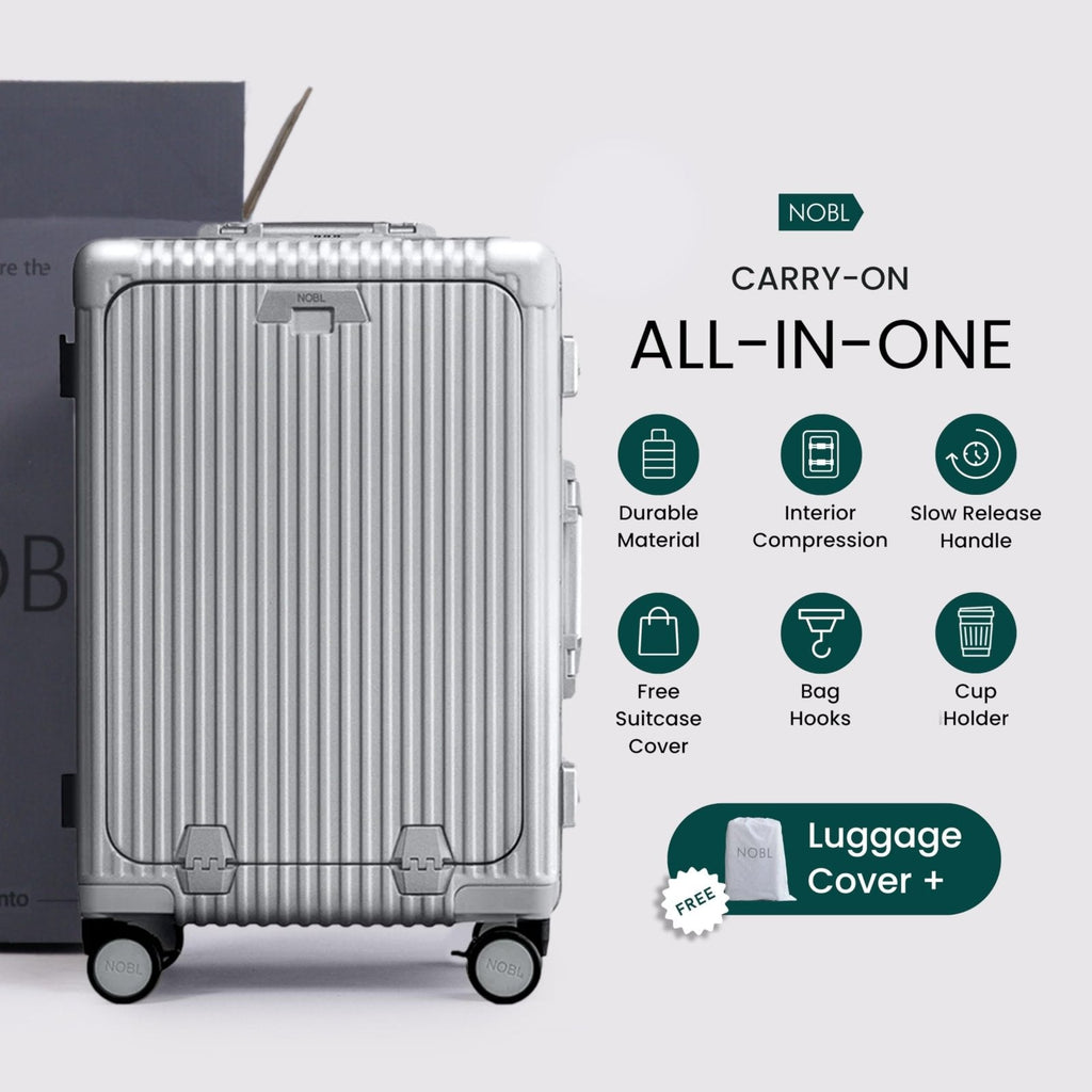 Nobl Travel Carry On Luggage, Noble Zipperless Aluminum Frame PC Hard Shell Suitcase, 22.5x15x9.5 Airline Approved, 360° Spinner Wheels, TSA Locks, USB Charging Port, Cup & Phone Holder - Silver