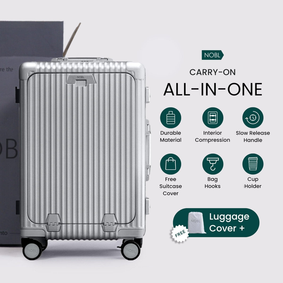 Nobl Travel Carry On Luggage, Noble Zipperless Aluminum Frame PC Hard Shell Suitcase, 22.5x15x9.5 Airline Approved, 360° Spinner Wheels, TSA Locks, USB Charging Port, Cup & Phone Holder - Silver