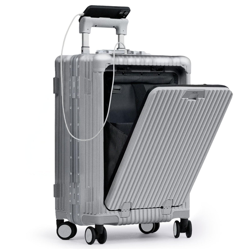 Nobl Travel Carry On Luggage, Noble Zipperless Aluminum Frame PC Hard Shell Suitcase, 22.5x15x9.5 Airline Approved, 360° Spinner Wheels, TSA Locks, USB Charging Port, Cup & Phone Holder - Silver